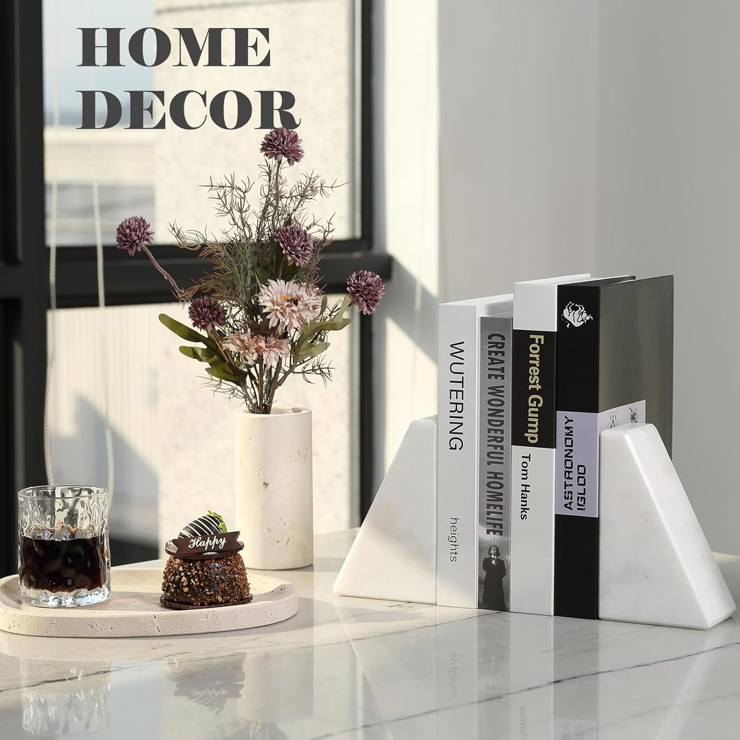 Karibiber Travertine Bookends for Heavy Books, Marble Decorative Bookends for Shelves, Heavy-Duty Stone Book Ends for Hardback Book & Cookbooks, Unique Book Stopper & Holder, Travertino Italy