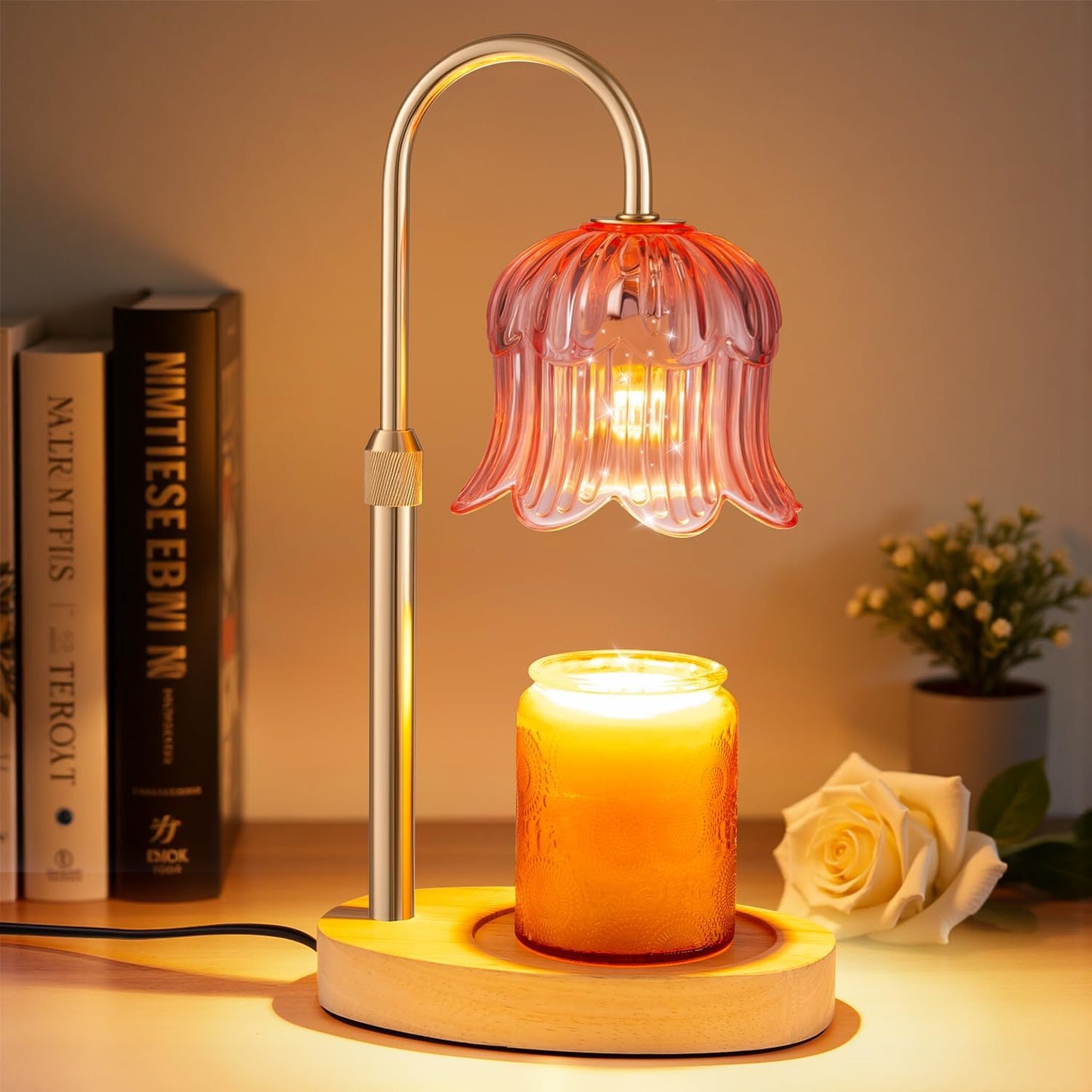 Candle Warmer Lamp Adjustable Timer - Electric Flower Glass Candles Warmers Adjustable Height Dimmable Vintage Base Modern Wax Candles Top Warmers for Small Jar Scented Wax Melts