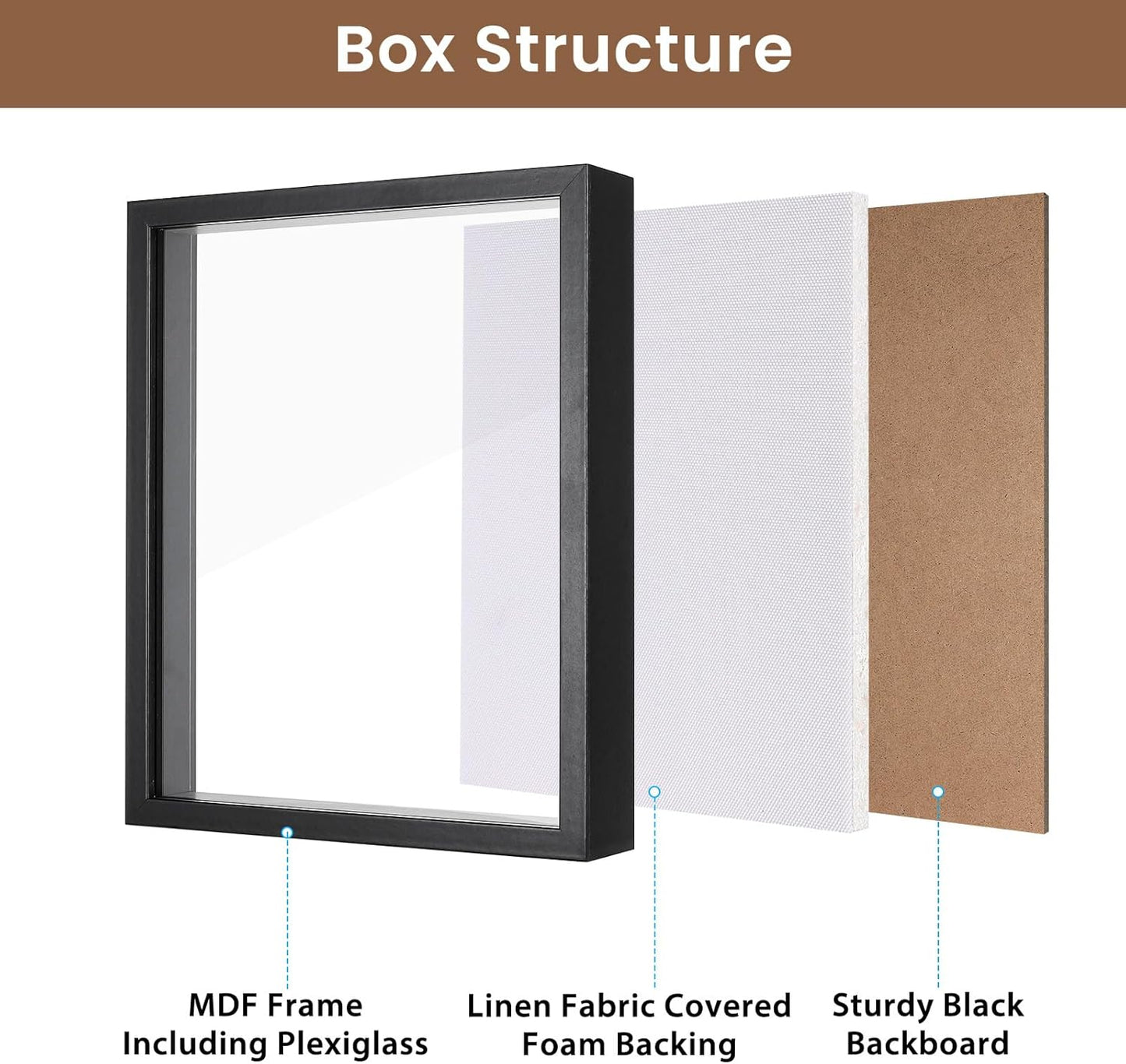 Califortree 8x8 Shadow Box Frame with Soft Linen Back - Push Pins Included, Memory Box Display Case for Flower, Tickets and 3D Items, Black
