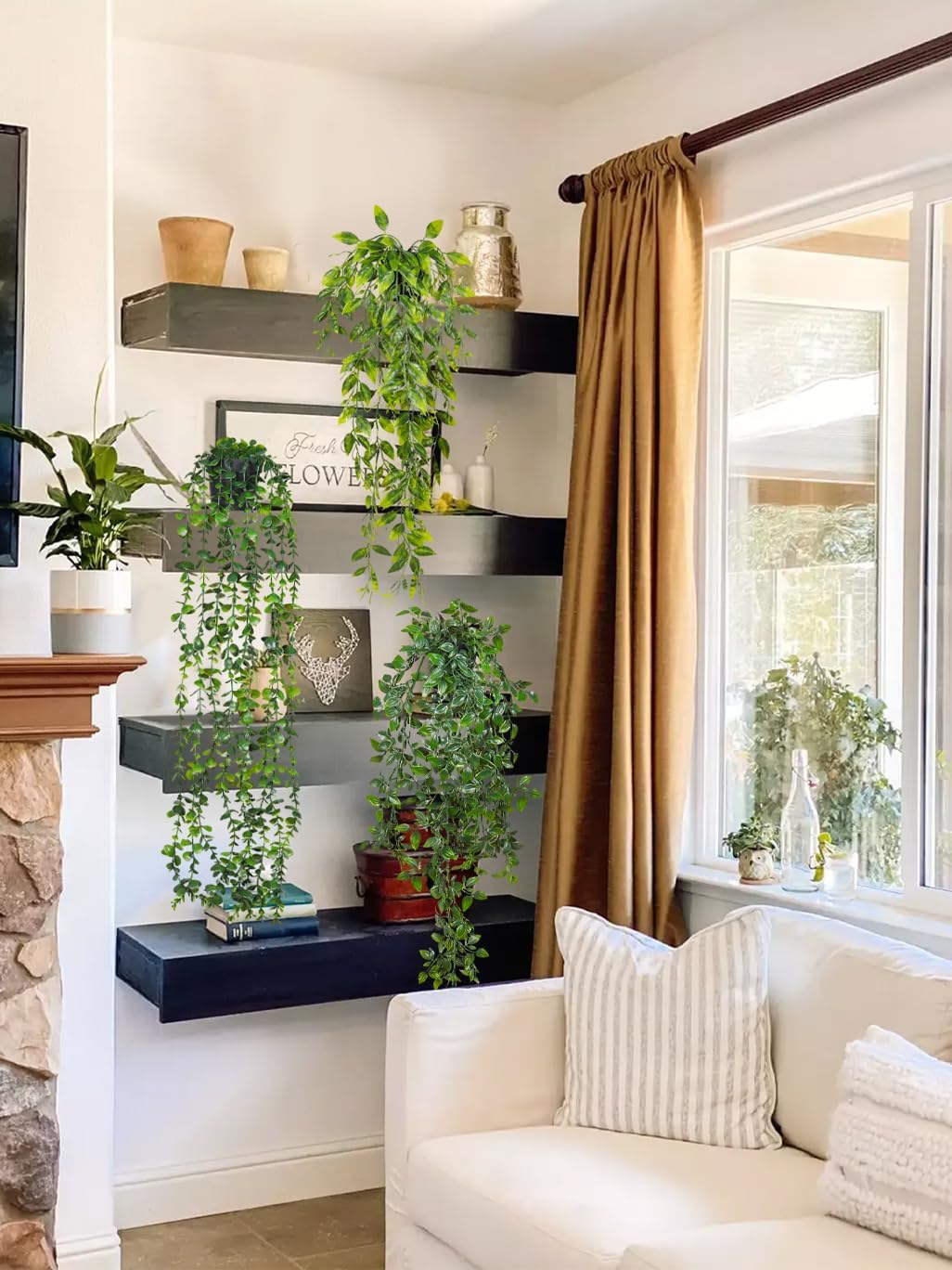 RECUTMS 6pcs Artificial Succulents Hanging Plants Fake Hanging String of Pearls Plant Faux Greenery Wall Plants for Spring Indoor Outdoor Home Bedroom Patio Garden Easter Decor
