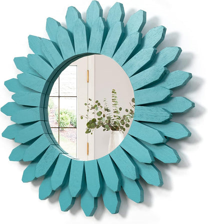 Honiway Wall Mirror Decorative 12 inch Rustic Wood Mirror Sunburst Boho Mirror for Entryway Bedroom Living Room Bathroom House Warming Gifts New Home Essential Carbonized Black