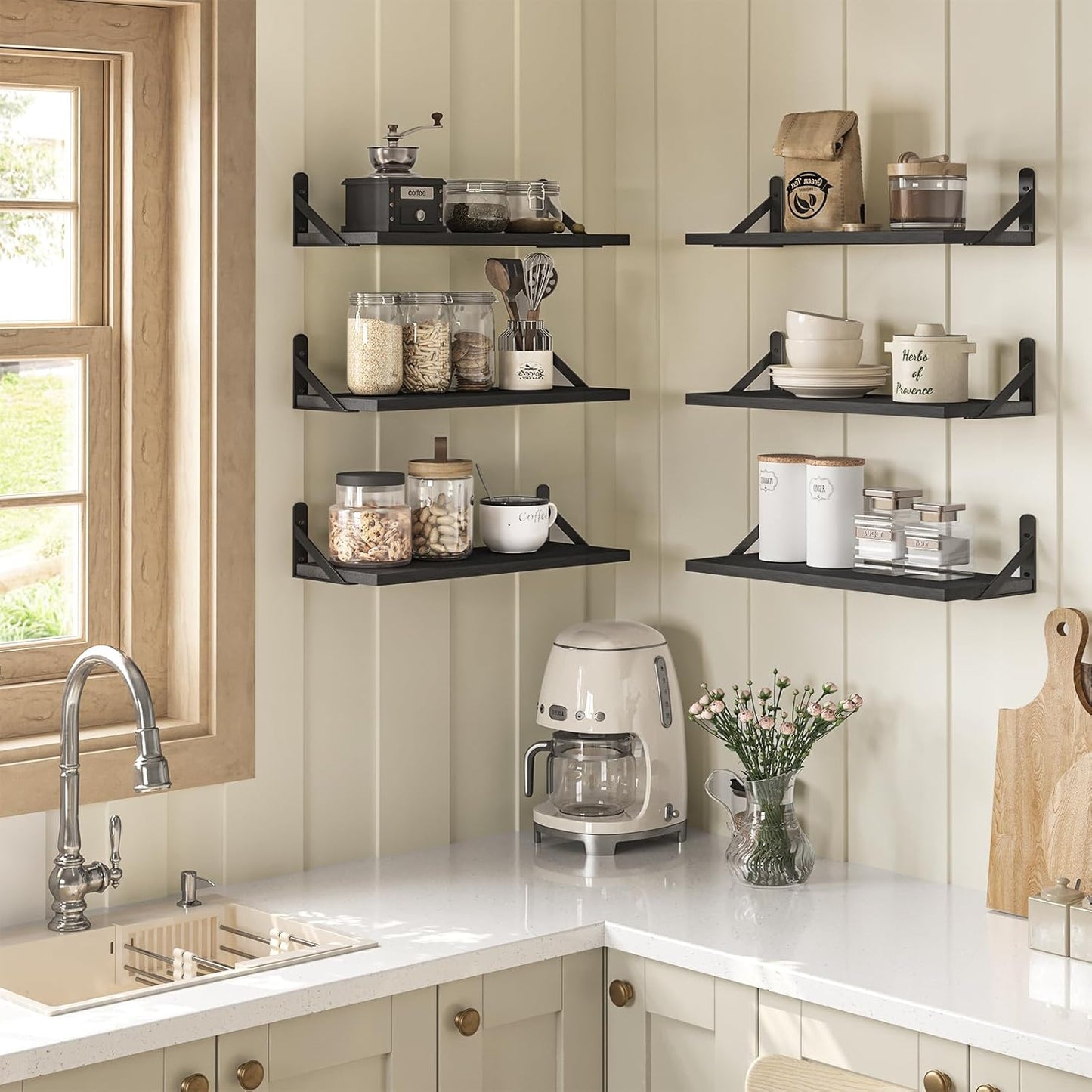 YGEOMER Brown Floating Shelves for Wall, 16.5 Inch Farmhouse Wall Shelves for Bedroom, Bathroom Storage, Living Room and Kitchen Decor (Set of 6 Brown)