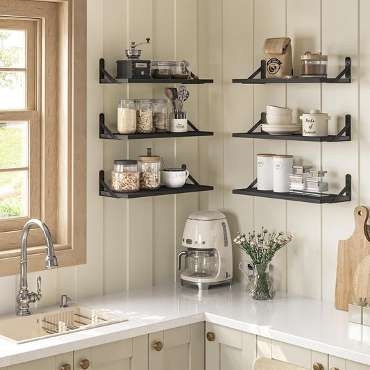 YGEOMER Brown Floating Shelves for Wall, 16.5 Inch Farmhouse Wall Shelves for Bedroom, Bathroom Storage, Living Room and Kitchen Decor (Set of 6 Brown)