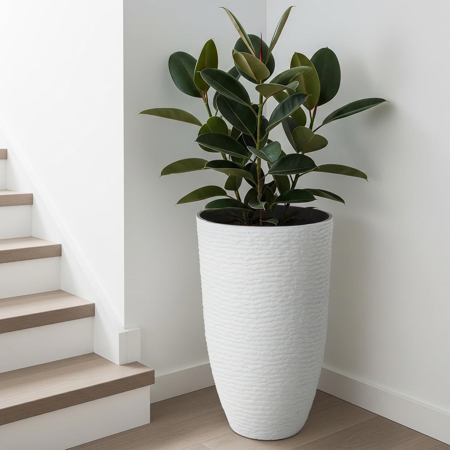 Worth 9 Gallon Tall Round Planters Set of 2-14" Dia x 21" H Stone Finish Flower Pots Indoor Decorative Container Garden Patio Unbreakable Beige