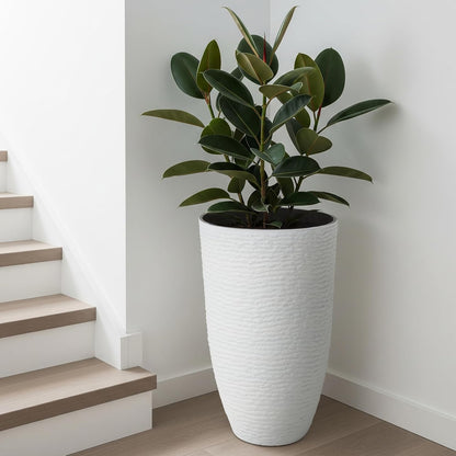 Worth 9 Gallon Tall Round Planters Set of 2-14" Dia x 21" H Stone Finish Flower Pots Indoor Decorative Container Garden Patio Unbreakable Beige