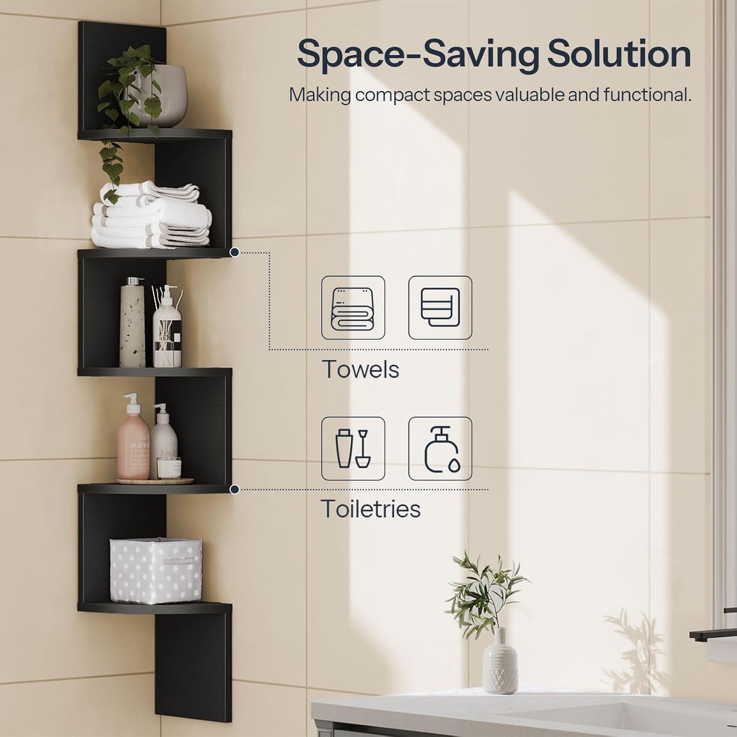HOOBRO Corner Shelf Wall-Mounted, Set of 2 Floating Corner Shelves for Wall, 4-Tier Corner Bookshelves for Living Room, Bedroom, Bathroom, Home Office, Black BK25BJP201