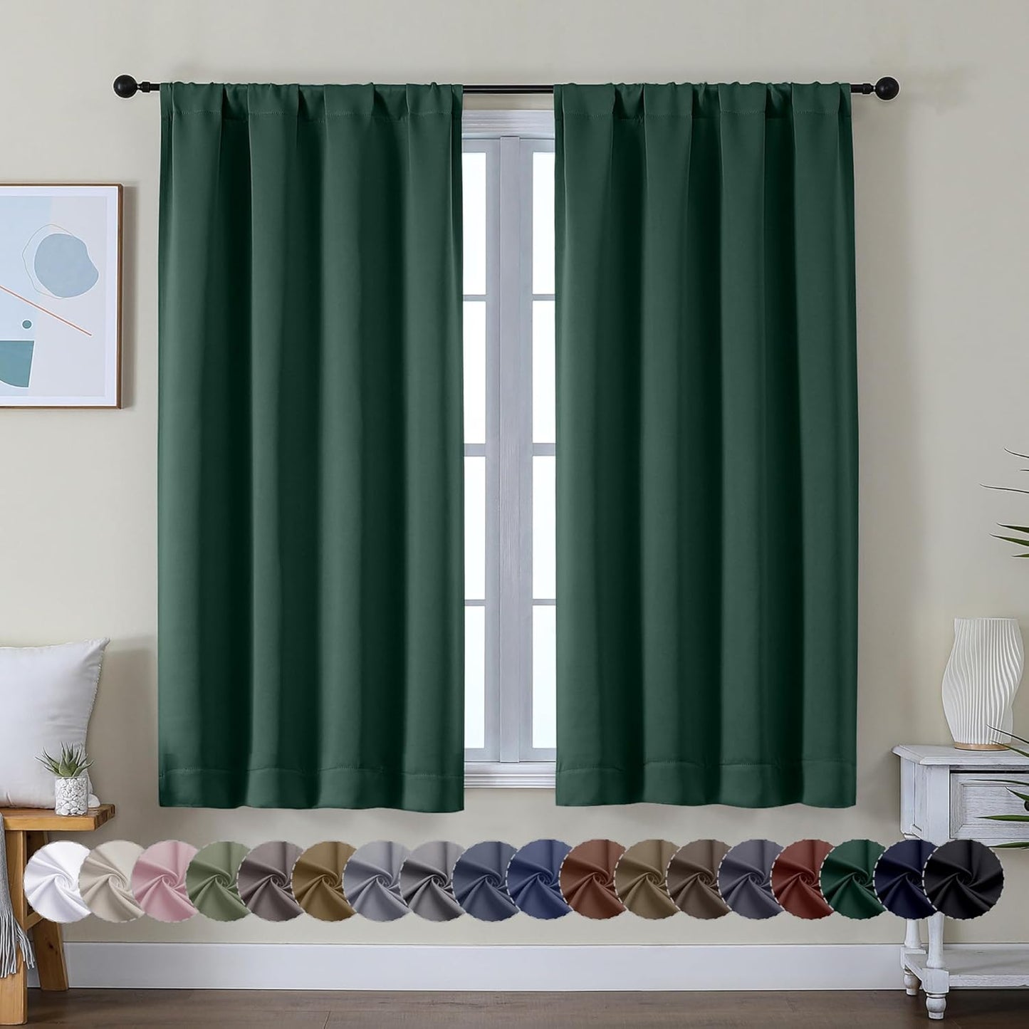 Simplebrand Ava Sage Green Blackout Curtains for Bedroom 63 Inch Length 2 Panels Set, Solid Thermal Insulated Energy Saving Rod Pocket Window Treatment Curtains Blackout Drapes, W40 x L63 Inch, Sage - Colors B