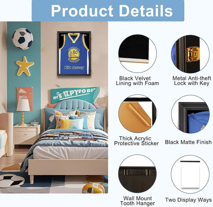 Large Lockable Jersey Frame Display Case Wall Mount, T-Shirt Shadow Box with Clear UV-Protective Acrylic, Hangers Linen Backing for Football, Basketball, Baseball