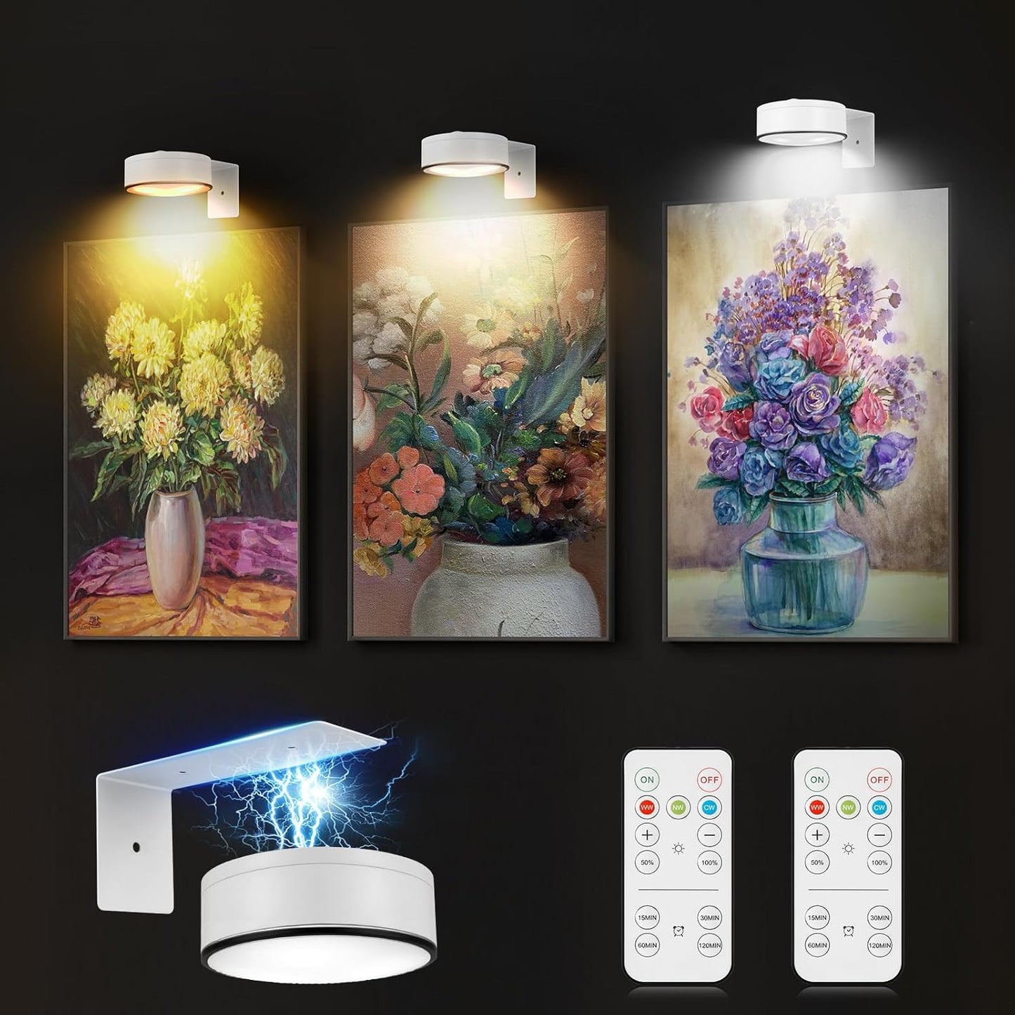 Arixinks 3PACK Picture Light Battery Operated with Remote, Painting Light for Wall Art with 3 Lighting Colors Dimmable, LED Art Display Accent Light on Wall for Poster Dartboard Frame Portrait Black