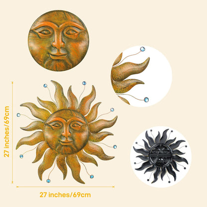 Large Metal Sun Wall Decor Outdoor, 27 Inch Sun and Moon Decor Metal Wall Art, 3D Sun Wall Decor for Patio Garden Yard Fence Bedroom Living Room Decoration