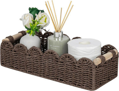 CubesLand Paper Rope Scalloped Edge Toilet Paper Storage Basket, Small Living Room, Bedroom Decor Baskets for Over Toilet Storage Shelf, End Table, Shelves and More, with 2 Wooden Handle, Neutral