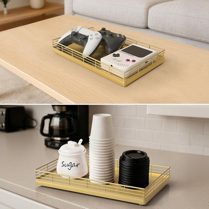 Bathroom Vanity Tray for Countertop, 12" x 6" Acacia Wood Toilet Tank Tray with Metal Guardrail, Bathroom Organizer for Soap, Perfume & Skincare, Non-Slip Decorative Tray for Dresser, Black & Acacia