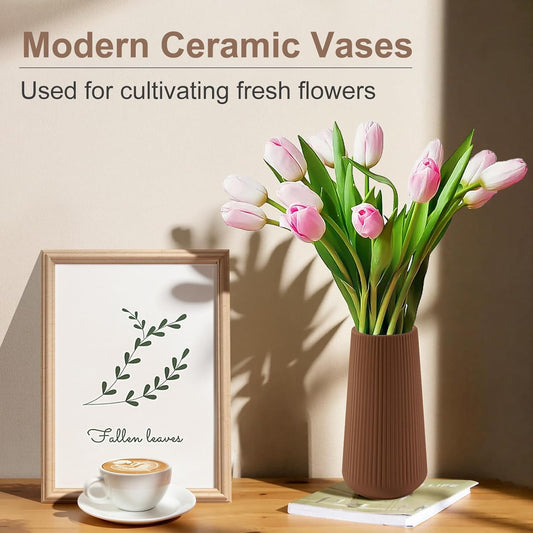 White Ceramic Vase, GUKJOB Small Cute Flower Vase for Pampas Grass, Home, Living Room, Dining Table, Farmhouse, Office Decor, Bedroom, Table, and Kitchen Shelf (White)