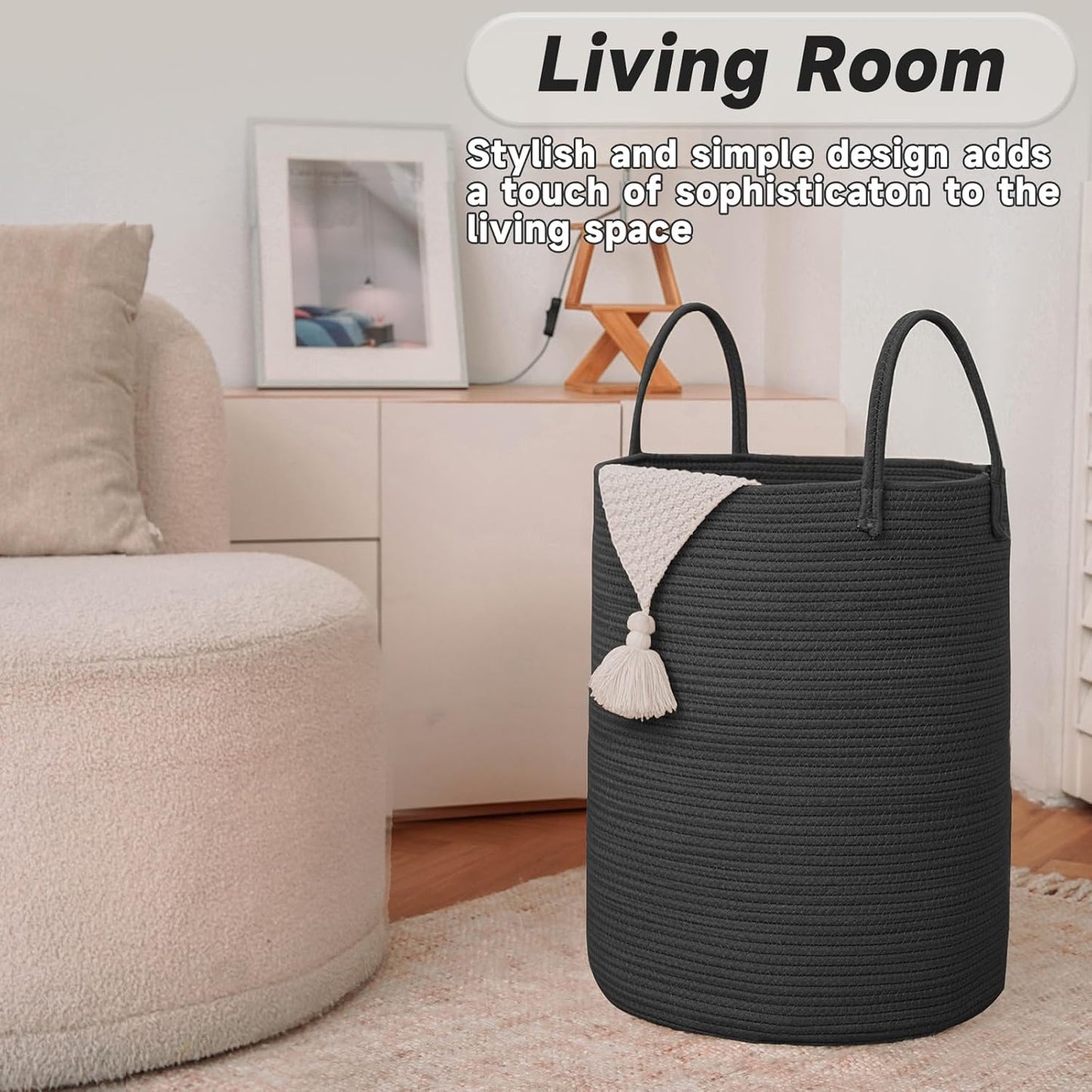 JMvicyroam Large Woven Laundry Basket Hamper,60L Cotton Rope Storage Bin for Blankets,Toys and Clothes,Decorative Tall Nursery Hamper for Living Room,Baby Nursery,Bathroom and Bedroom,Brown