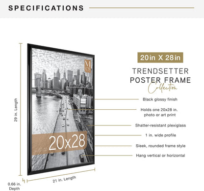 MCS Trendsetter 24x36 Poster Frame Black High-Gloss, Vertical & Horizontal Wall Hanging Large Picture Frame for Photos, Posters & Art Prints (1-Pack)