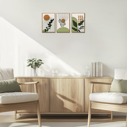 Bwodke Boho Wall Art, Framed Abstract Wall Art, Green Botanical Neutral Canvas Wall Decor, Large Mid Century Plant Pictures Set of 3, Modern Minimalist Paintings, for Bedroom Living Room Bathroom