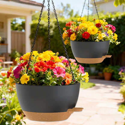 12 Inch Hanging Baskets 2 PC with Chains, Self-Watering Hanging Planters for Indoor Outdoor Plants, Plastic Hanging Flower Pots,Black