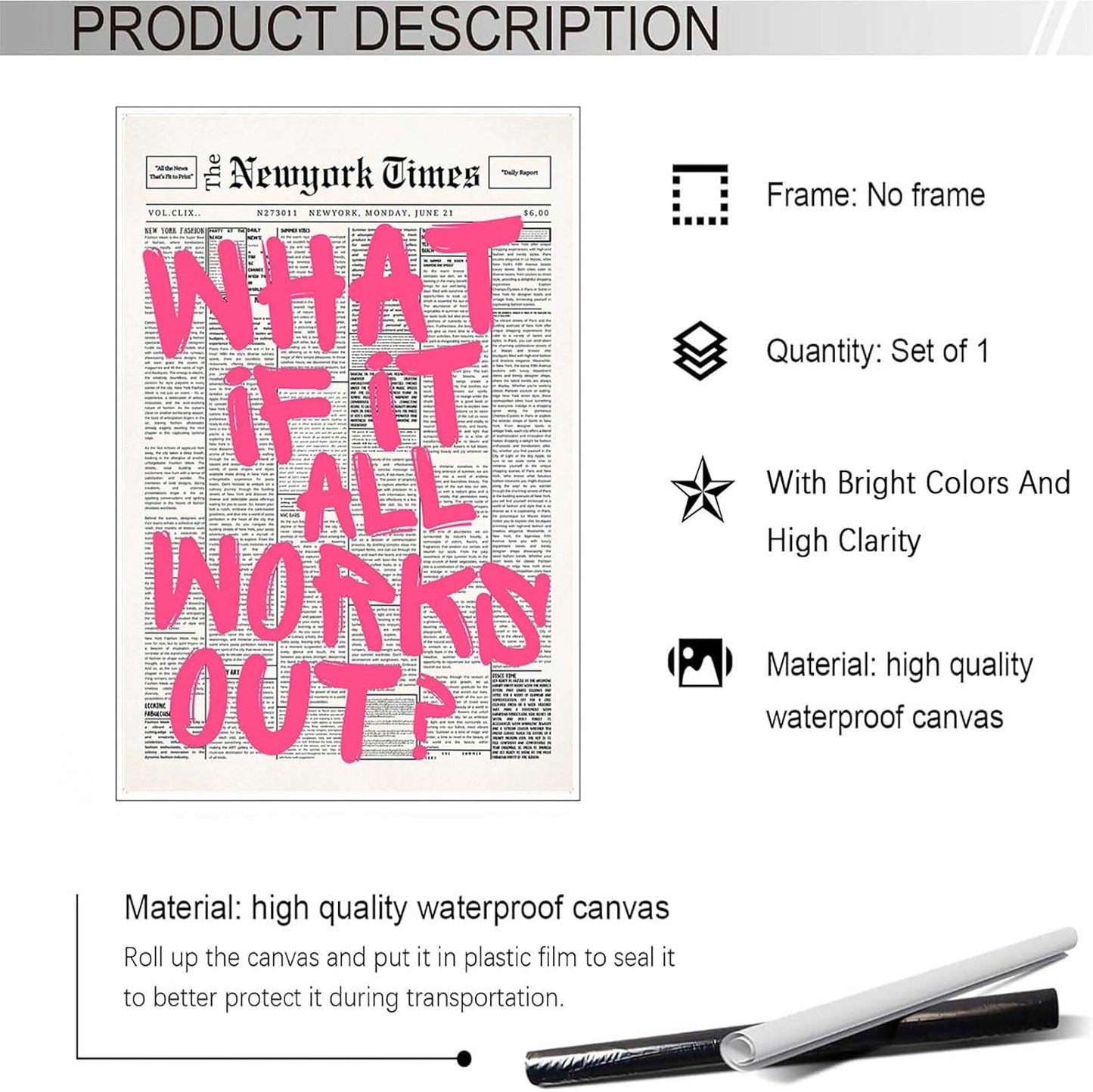 Retro Black And White Newspaper Poster What If It All Works Out Canvas Wall Art Positive Affirming Quote Minimalist Prints Painting For Home Bedroom Dorm Wall Decor 12x16in Unframed