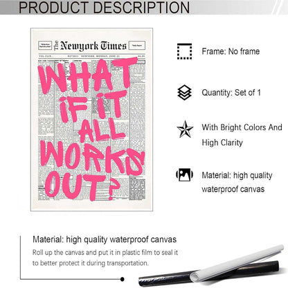 Retro Black And White Newspaper Poster What If It All Works Out Canvas Wall Art Positive Affirming Quote Minimalist Prints Painting For Home Bedroom Dorm Wall Decor 12x16in Unframed