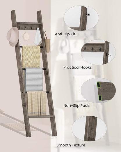 CHOEZON 5-Tier Blanket Ladder, Wooden Blanket Display Rack, Towel Ladder with Hooks, Wall Leaning Display Shelf, for Living Room, Bedroom, Balcony, Rustic Brown and Black MCJ02FG