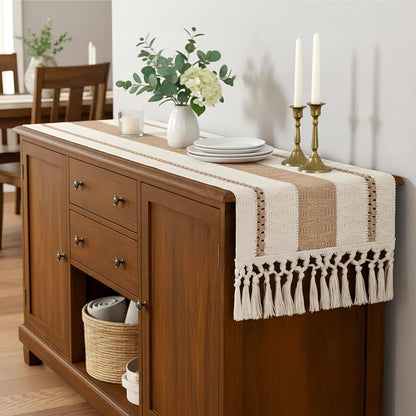 FEXIA Boho Table Runner for Thanksgiving Fall Christmas Home Decor with Tassels 72 Inches Long Pottery barn Furniture Farmhouse Rustic Macrame Burlap Table Decoration for Living Room (12x72 Inches)