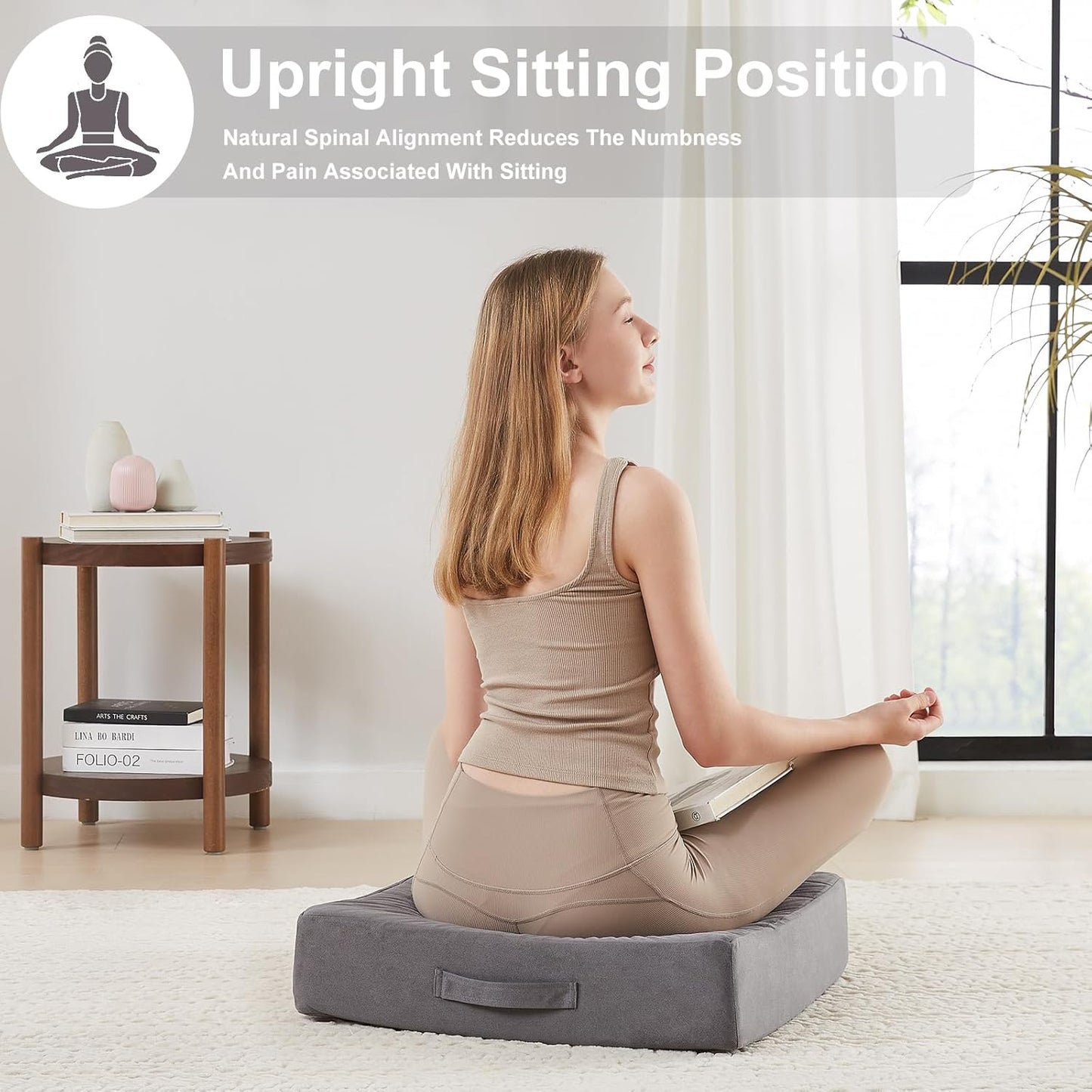 JKMAX 2 Pcs High Density Foam Floor Pillow - Upgraded Large Pillows Seating for Adults - Outdoor Floor Cushion with Soft Tufted Cover - Yoga Pillows for Sitting On Floor - 22 Inch Light Gray