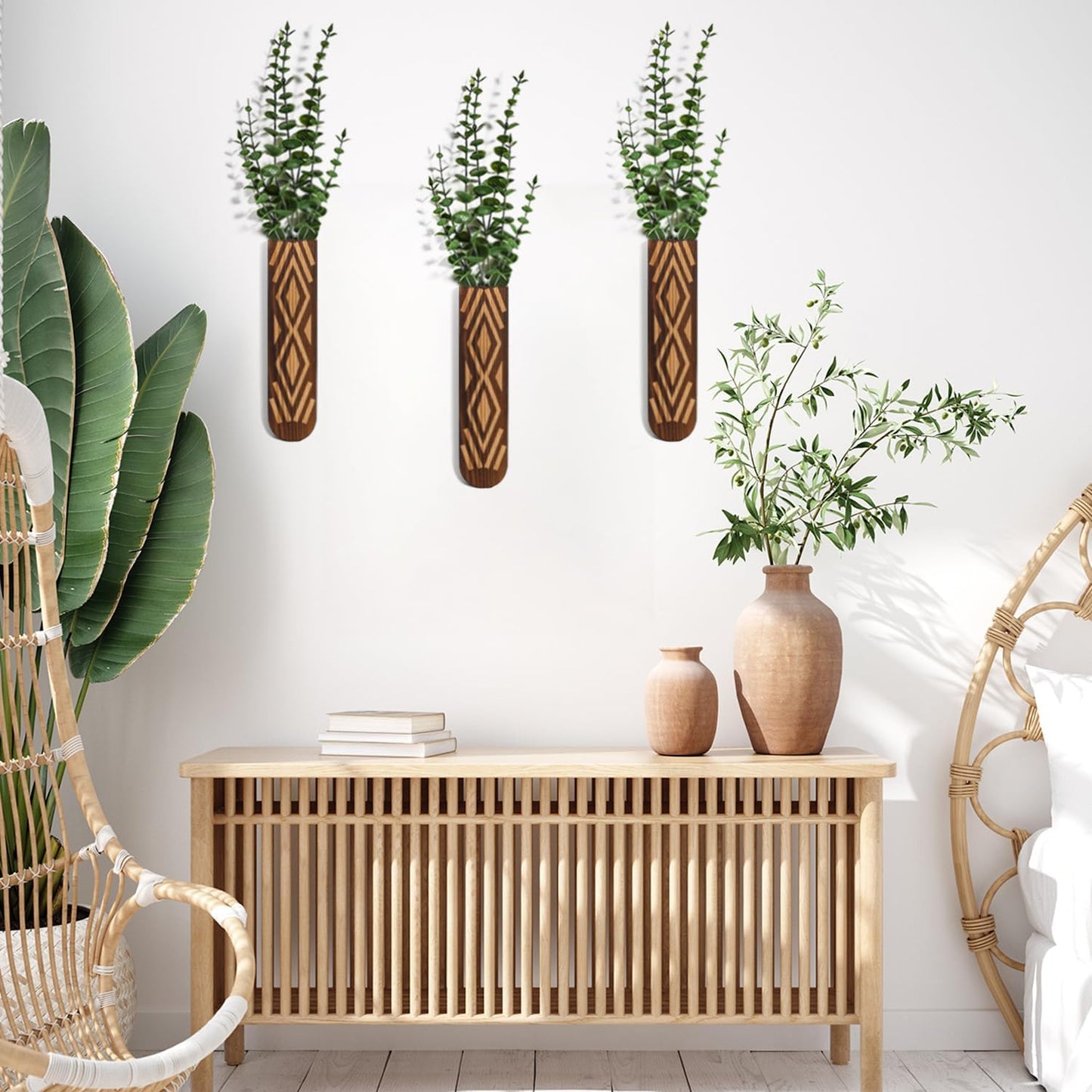 Wooden Wall Planter Set of 4 - Modern Home Decor for Living Room, Bedroom, Bathroom - Walnut Finish Planter for Dried Flowers, Faux Greenery, Indoor Plants