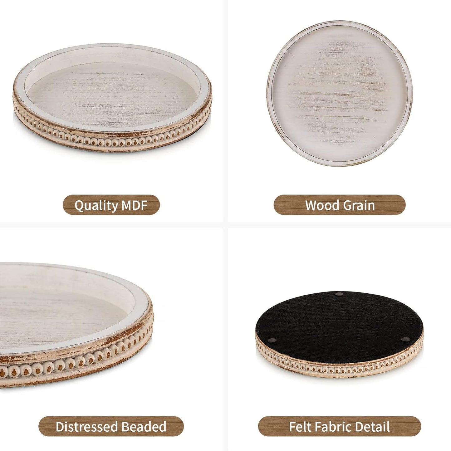 Hanobe Round Wooden Decorative Tray: White Washed Bead Tray Decor for Coffee Table Centerpiece Rustic Farmhouse Tray for Kitchen Counter Living Room Decoration
