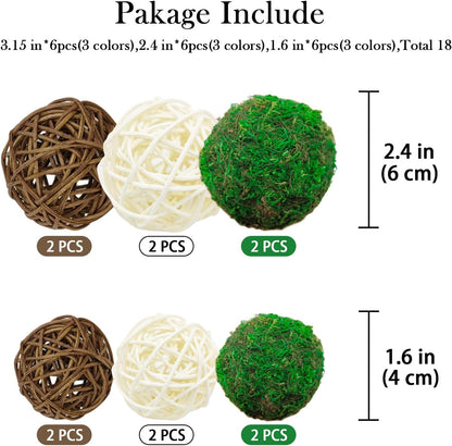 15pcs Decorative Balls for Vase Centerpiece Bowls Orbs Filler Table Decor, 2.4 in Wicker Rattan Balls and Moss Balls Set(Green + Brown + White)