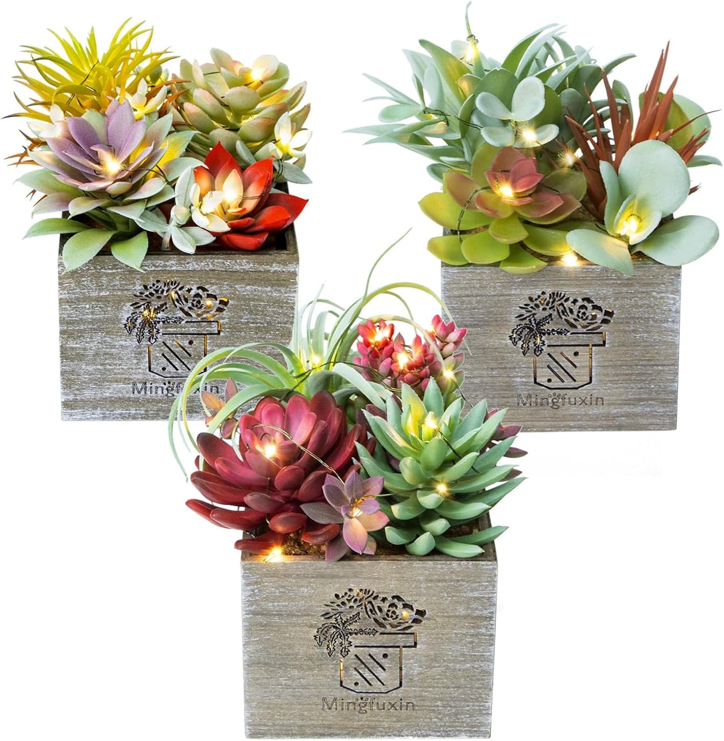 Succulent Plants Artificial, 3 Pack Small Fake Plants in Wood Pot for Home Decor, Farmhouse Artificial Plants Indoor for Living Room Bathroom Bedroom Office Kitchen Desk Wedding Coffee Table Decor