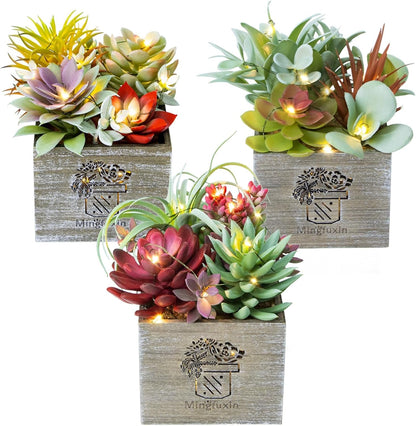 Succulent Plants Artificial, 3 Pack Small Fake Plants in Wood Pot for Home Decor, Farmhouse Artificial Plants Indoor for Living Room Bathroom Bedroom Office Kitchen Desk Wedding Coffee Table Decor