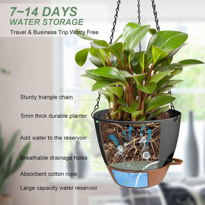 Vanslogreen Hanging Planters for Indoor Outdoor Plants, 2 Pack Self Watering Hanging Pot with Drainage Holes & Removable Tray (Black, 8'')