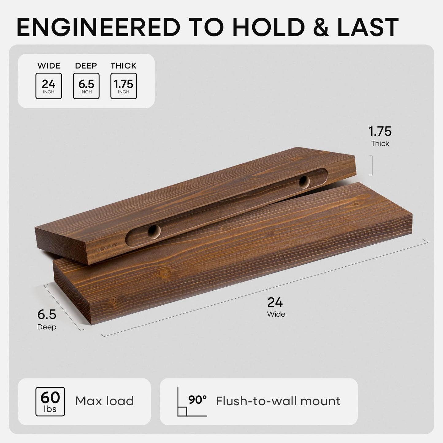 Homeforia 24 inch Natural Floating Shelf, High End Solid Real Wood 24inch Small Floating Shelves for Wall Mounted, Natural Wooden Floating Shelves, Heavy Duty Bracket, 24 X 6.5 X 1.75 in, Set of 2