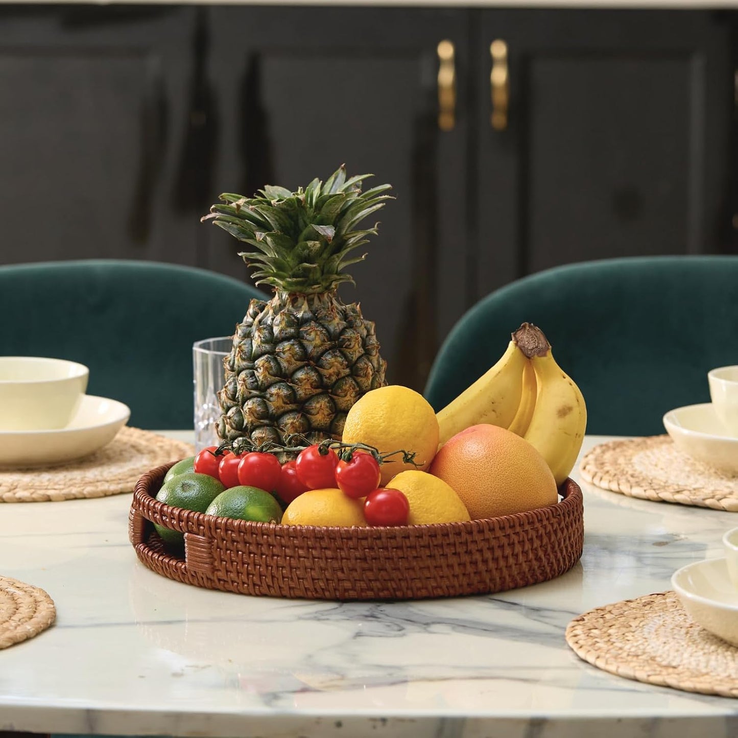 13.8 inch Round Rattan Tray, Decorative Coffee Table Tray, Ottoman Tray, Woven Serving Tray with Handles, Wicker Serving Basket, Whitewash