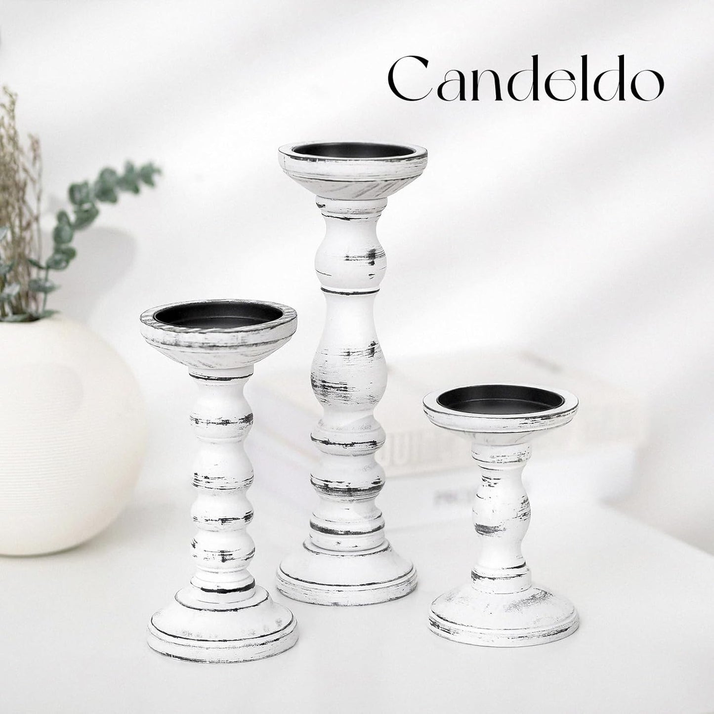 Candeldo Wood Candle Holders for Pillar: Rustic Candles Holder Set of 3 Tall Table Centerpiece Shabby Chic Decor Wooden White Farmhouse Decorations for Fireplace Mantle