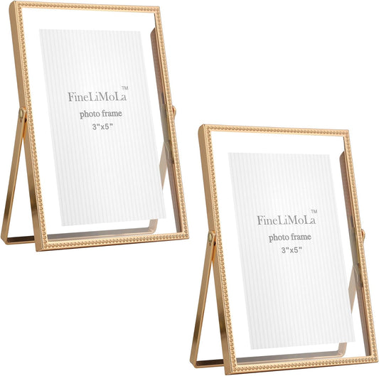 Gold 6x8'' Floating Photo Frame 2 Pack, Beaded Metal Frame Fits 3.5x5'', 4x6'' & 5x7'' Pictures, Adjustable Tabletop & Shelf Display, Elegant Wedding Gift for Home Decor