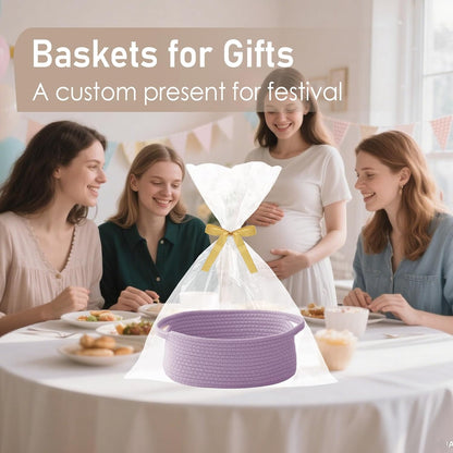 JMvicyroam Woven Basket,Small Rope Storage Bin with Handles & Ribbon Bag, Organizer for Shelves Closets,Gift Basket Empty for Birthday,Books,Dog Toys,White
