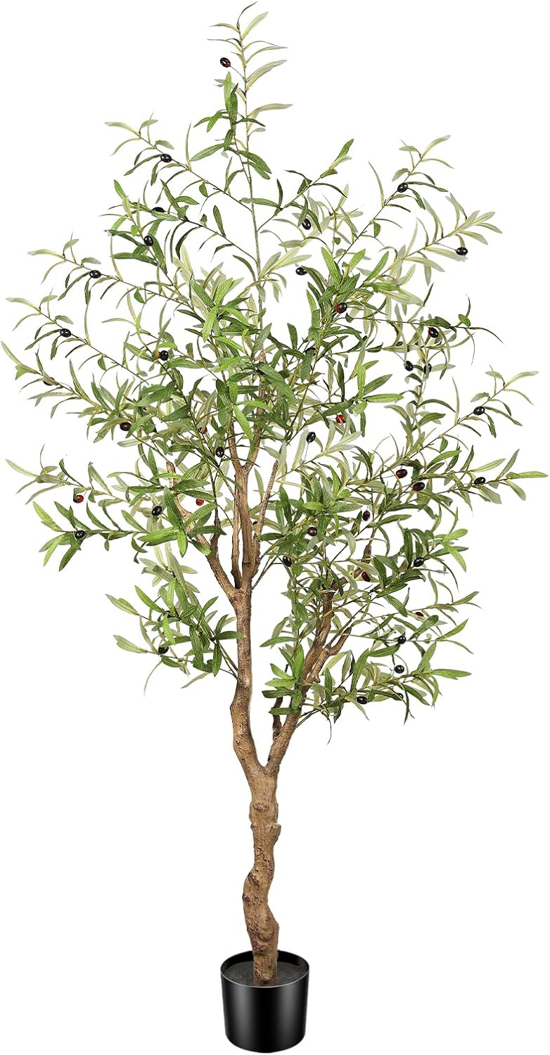 FEELEAD 7ft Faux Olive Tree - Fake Potted Olive Silk Tree with Planter Natural Olive Branches and Realistic Leaves Artificial Tree for Home House Office Decor Indoor