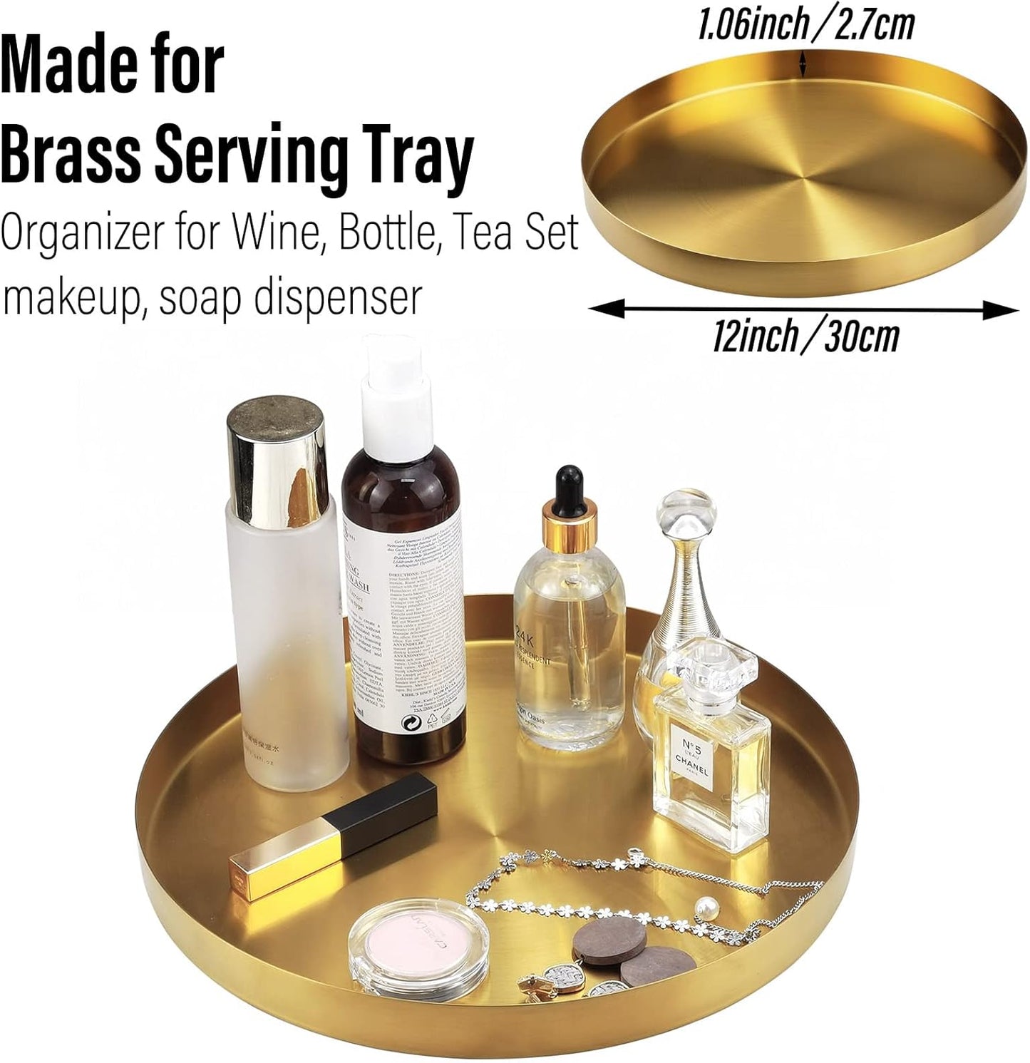 FREELOVE Gold Tray, Round Brass Serving Platter, Bar Circle Decorative Plate, Coffee Table Metal Decor Dishes, Brushed Hammered Coasters, Counter Bathroom Kitchen Dessert Cart Display Food, 12 inch