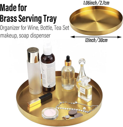 FREELOVE Gold Tray, Round Brass Serving Platter, Bar Circle Decorative Plate, Coffee Table Metal Decor Dishes, Brushed Hammered Coasters, Counter Bathroom Kitchen Dessert Cart Display Food, 12 inch
