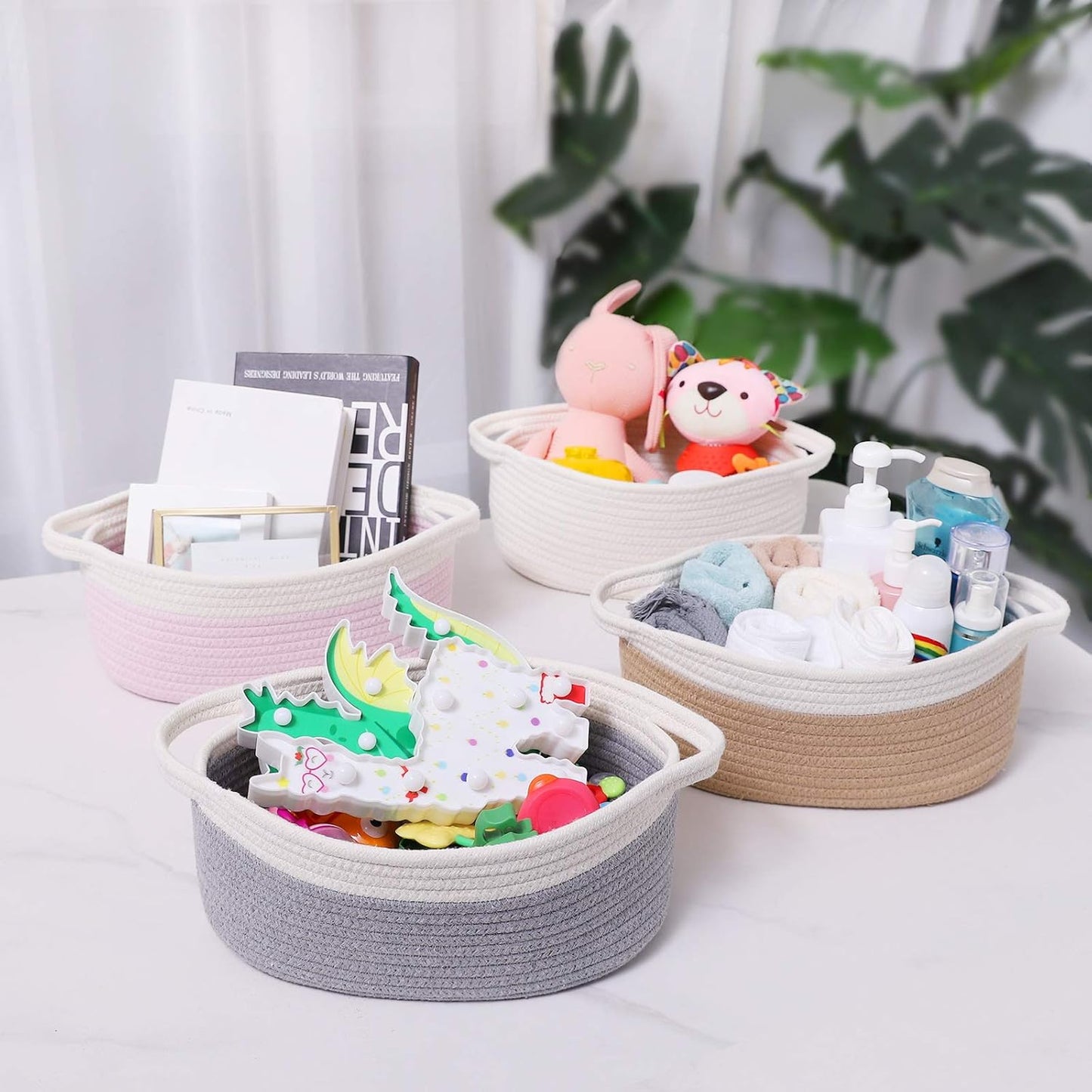 ABenkle Small Basket with Handles, Boho Decorative Rope Woven Dog Cat Toy Storage Bin Shelf Storage Organizer, Easter Christmas Gift Basket, 12"x8"x5", White