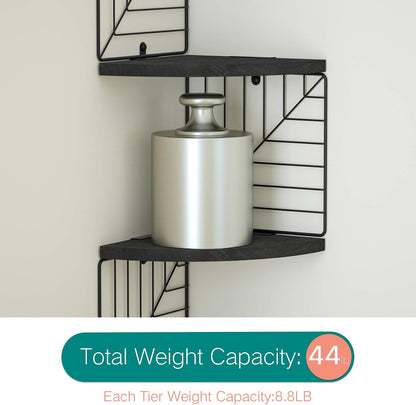 Love-KANKEI Corner Shelf Wall Mount of 5 Tier Rustic Wood Floating Shelves Wall Shelves for Bedroom Living Room Bathroom Kitchen Office and More Carbonized Black