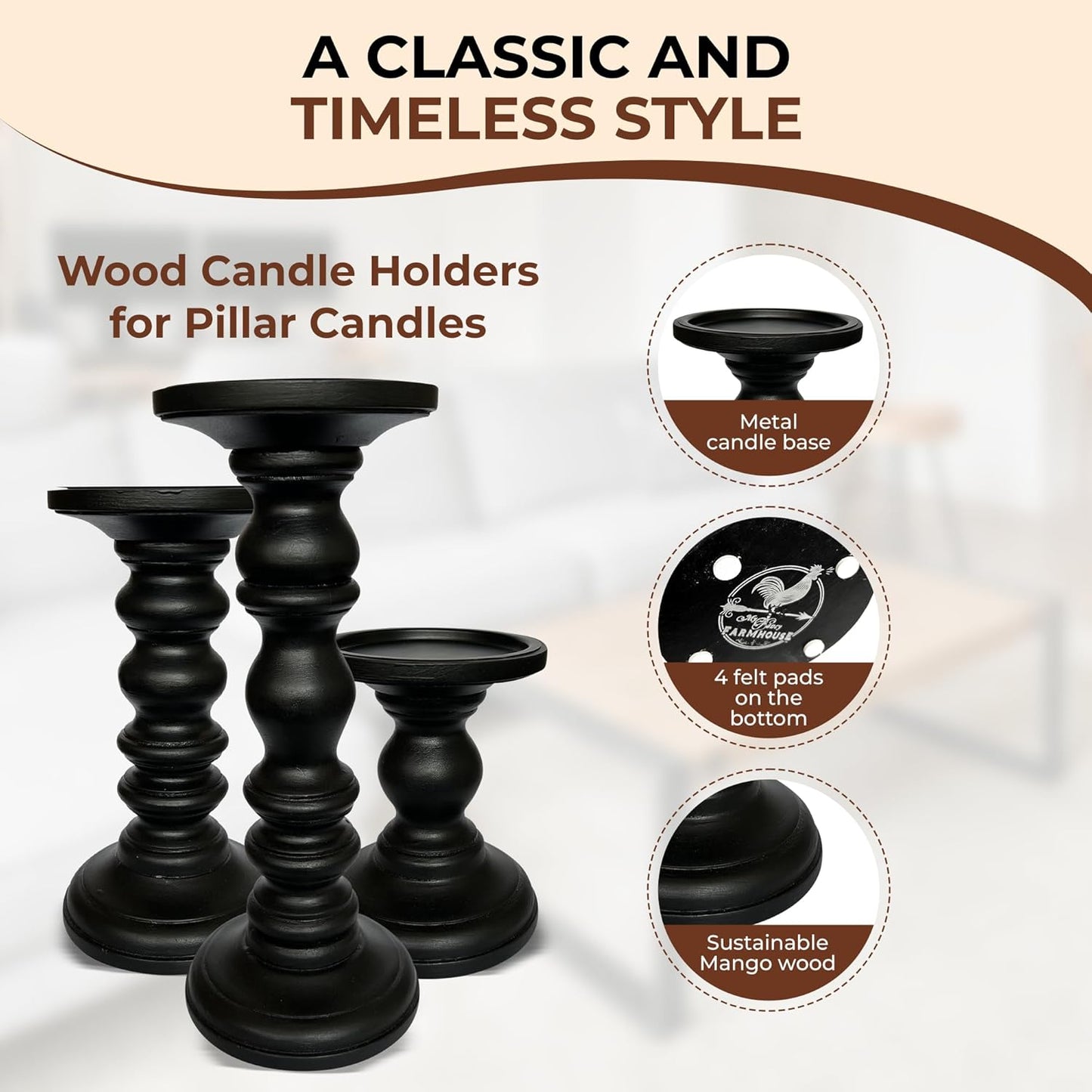 Large Candle Holders for Pillar Candles (3 Piece Set) Tall Rustic Wood Farmhouse Pillar Candlestick Stands - Fits 4 inch inch Wide Pillar Candles - Modern Candle Holder Decor (Antique White)