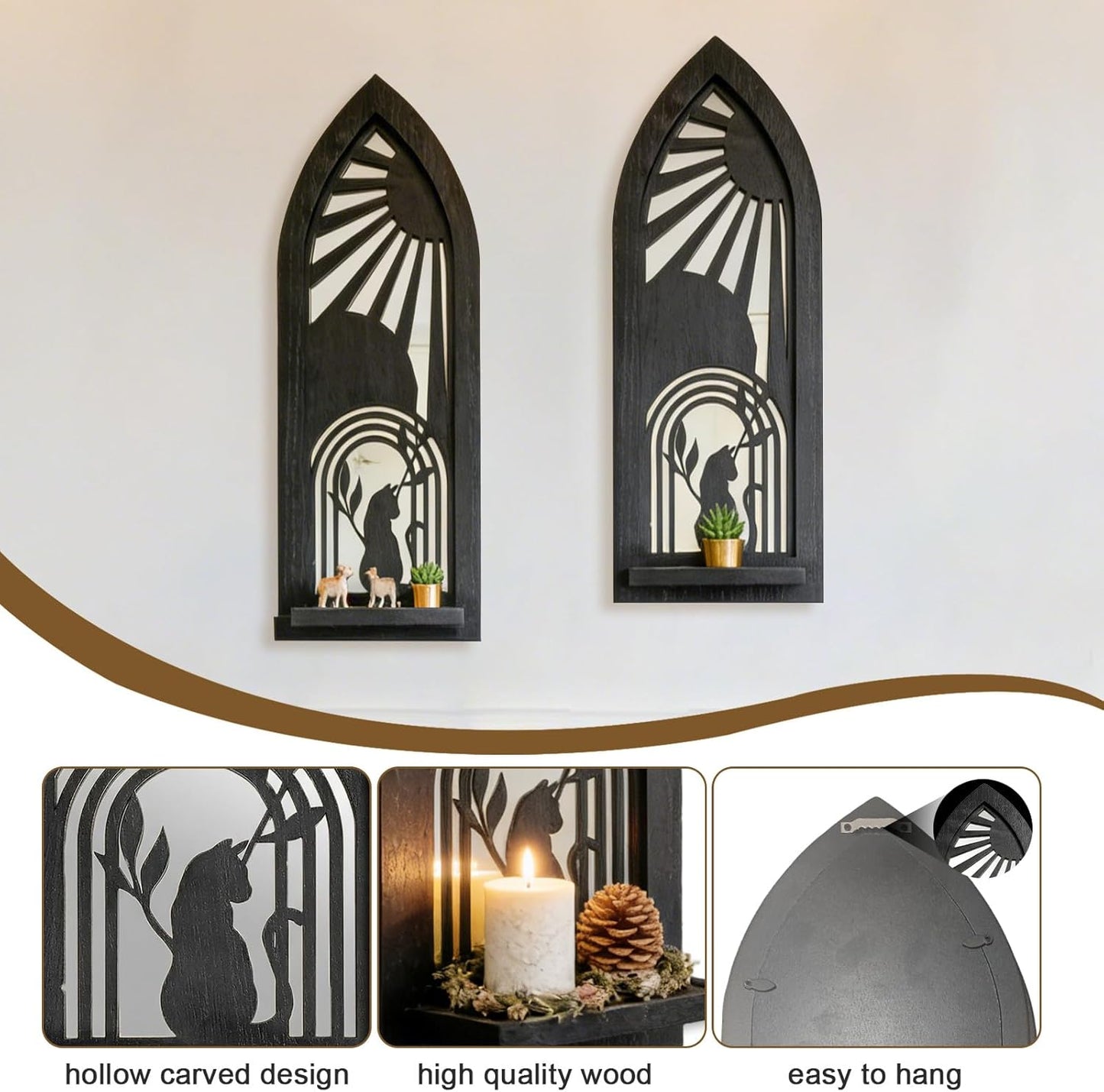 Wood Wall Sconce Candle Holder Set 2, Rustic Wall-Mount Candle Holders, Farmhouse Hanging Wall Décor, Carved Wood Frame, Mirrored Candle Holder (Distressed White)