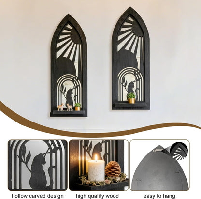 Wood Wall Sconce Candle Holder Set 2, Rustic Wall-Mount Candle Holders, Farmhouse Hanging Wall Décor, Carved Wood Frame, Mirrored Candle Holder (Distressed White)
