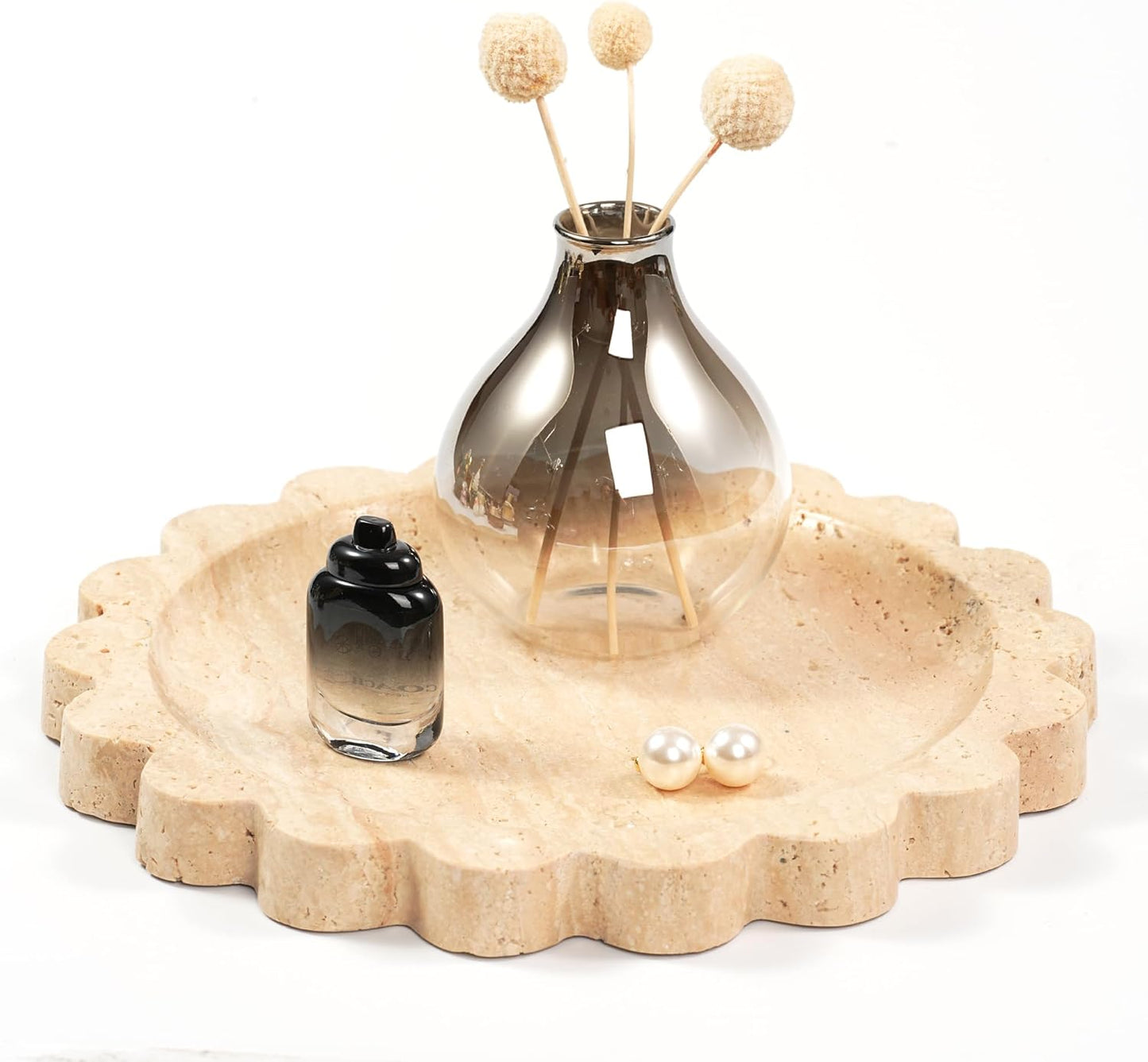Marble Perfume Tray with Legs - Oval Decorative Stone Pedestal for Bathroom Vanity Coffee Table Kitchen Countertop, Footed Jewelry Candle Organizers Catchall Plate Riser with Scalloped Feet