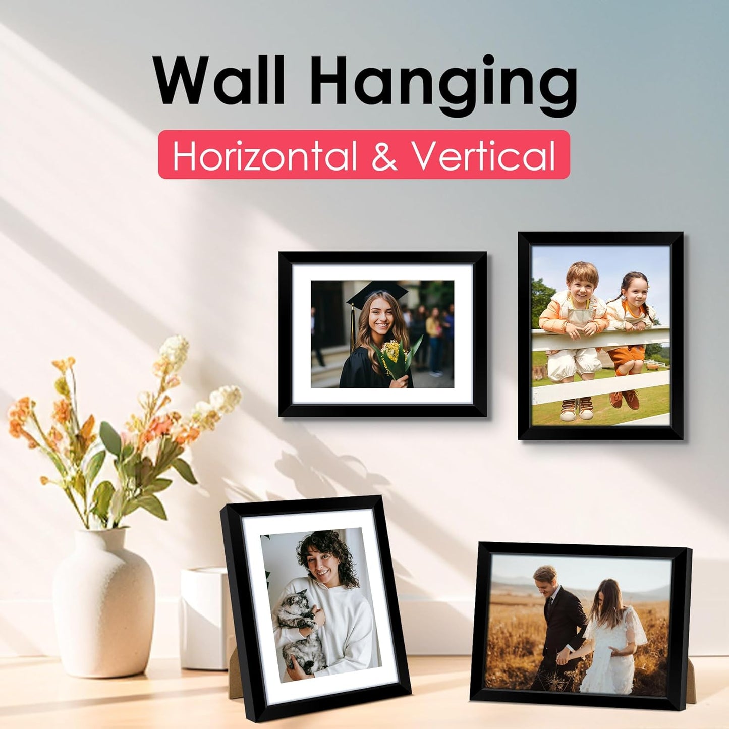 FIXSMITH 10 Pack Picture Frames Collage Wall Decor for Mounting or Tabletop Display, Gallery Wall Frame Set with Two 8x10 Black Frames, Four 5x7 Frames and Four 4x6 Frames, Multi-Pack Photo Frame Set