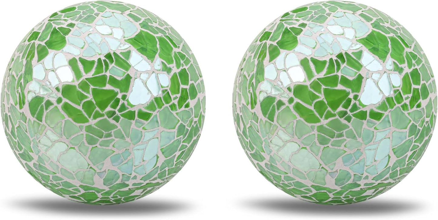 2 Pieces Decorative Glass Orbs 2.6 Inch Mosaic Crackl Solid Sphere Ball Table Centerpiece Balls Bowls Vases Christmas Decorative(Green)