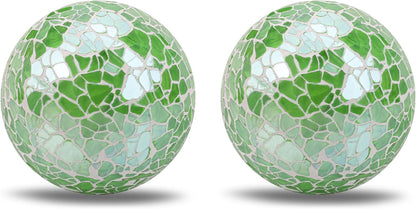 2 Pieces Decorative Glass Orbs 2.6 Inch Mosaic Crackl Solid Sphere Ball Table Centerpiece Balls Bowls Vases Christmas Decorative(Green)
