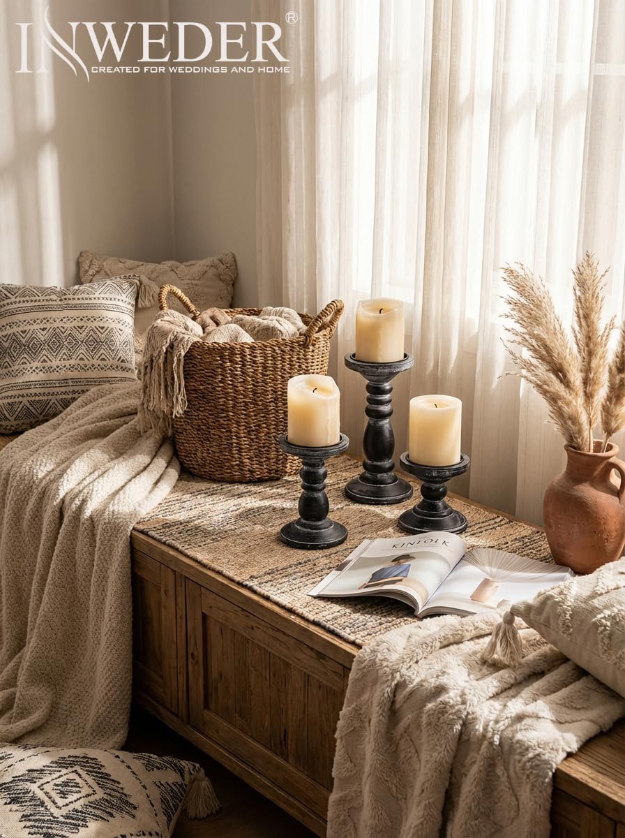 Wood Pillar Candle Holder: 3Pcs Rustic White Candle Holders for Pillar Candles Wood Candle Holders Distressed Wooden Farmhouse Candle Holder Large Rustic Candle Holder for Fireplace Table